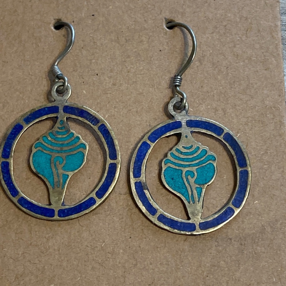 Conch Shell cutout EARRINGS Enamel Brass‎ Artisan Drop Dangle